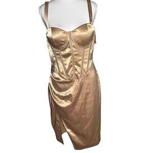 Blithe Gold Medium Corset Rushed Bodycon Split Mini Cocktail Holiday Party Dress